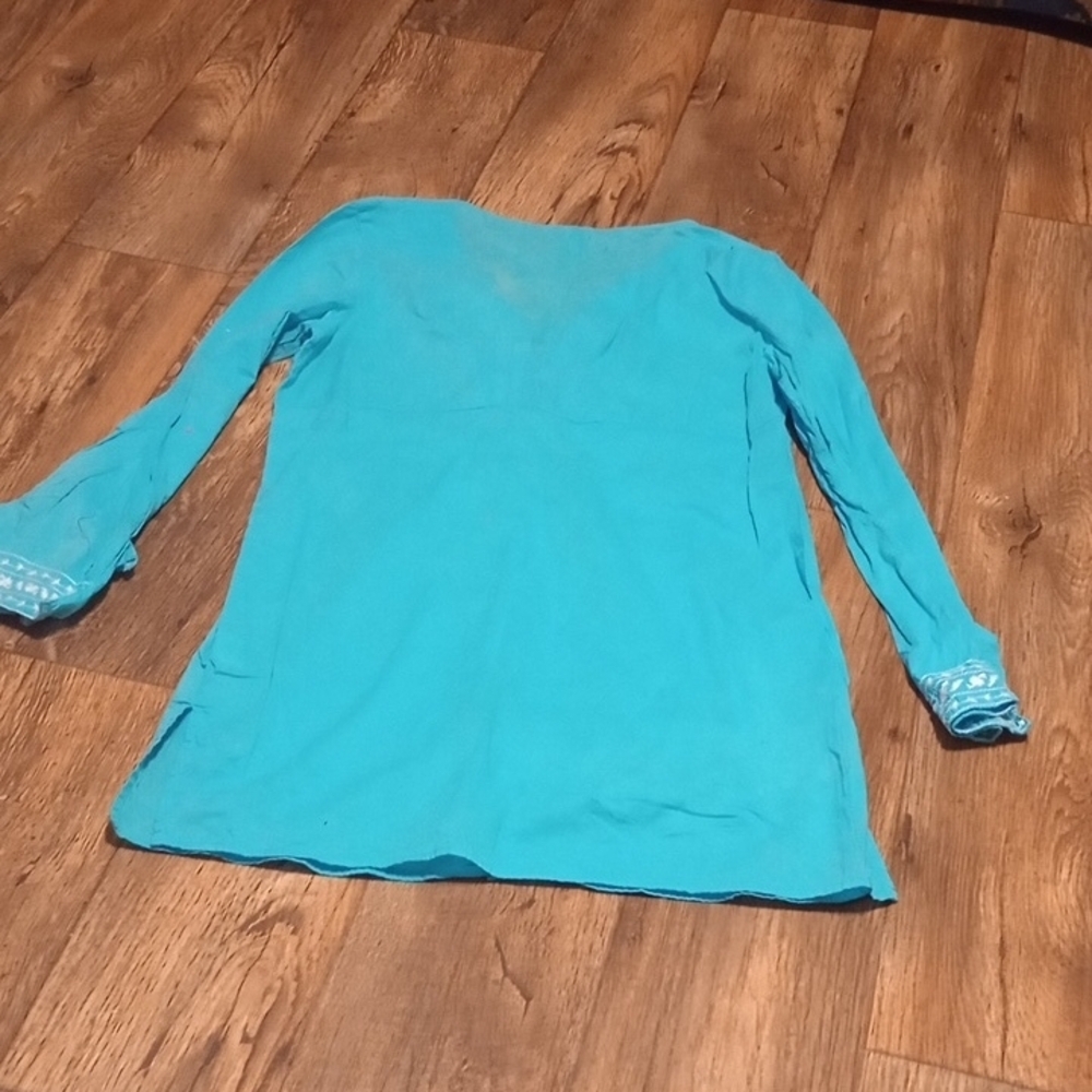St. John's Bay Teal Long Sleeve Embroidered Top with White Embroidery - Picture 5 of 5